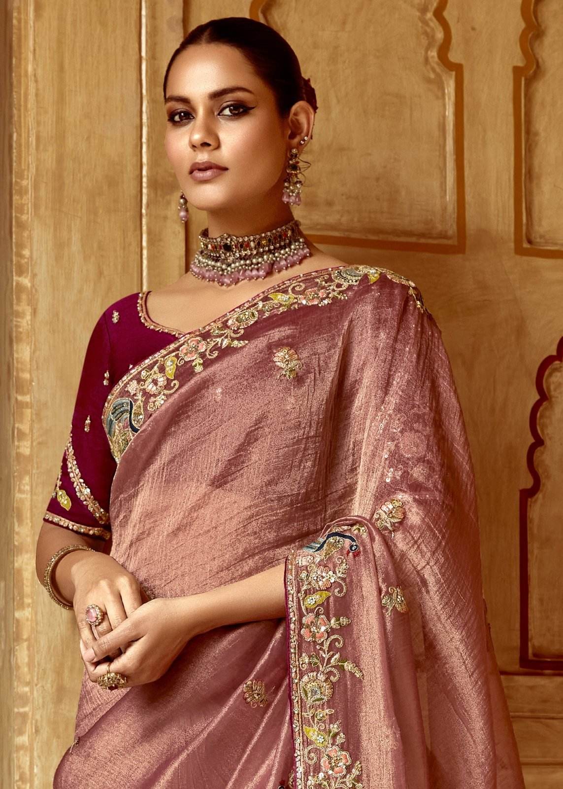 Dhiyona KM Women Dusty Rose Designer Tissue Silk Saree