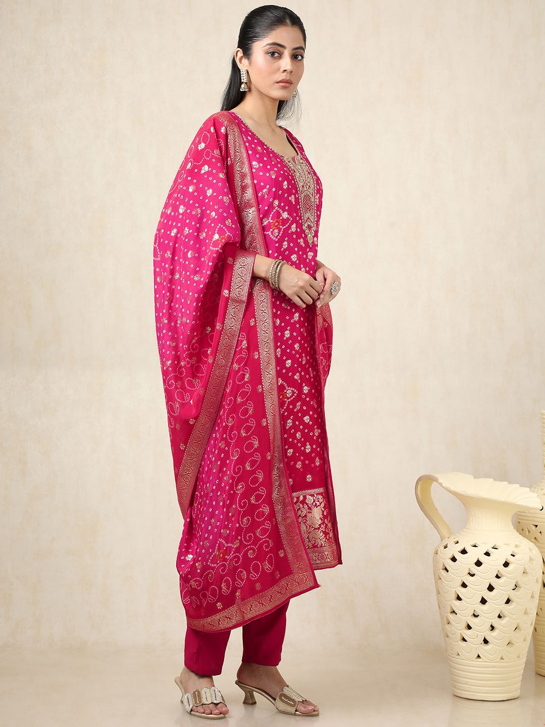 Dhiyona SO Women's Bandhani Printed Notch Neck Organza Sequinned Kurta With Trousers And Dupatta