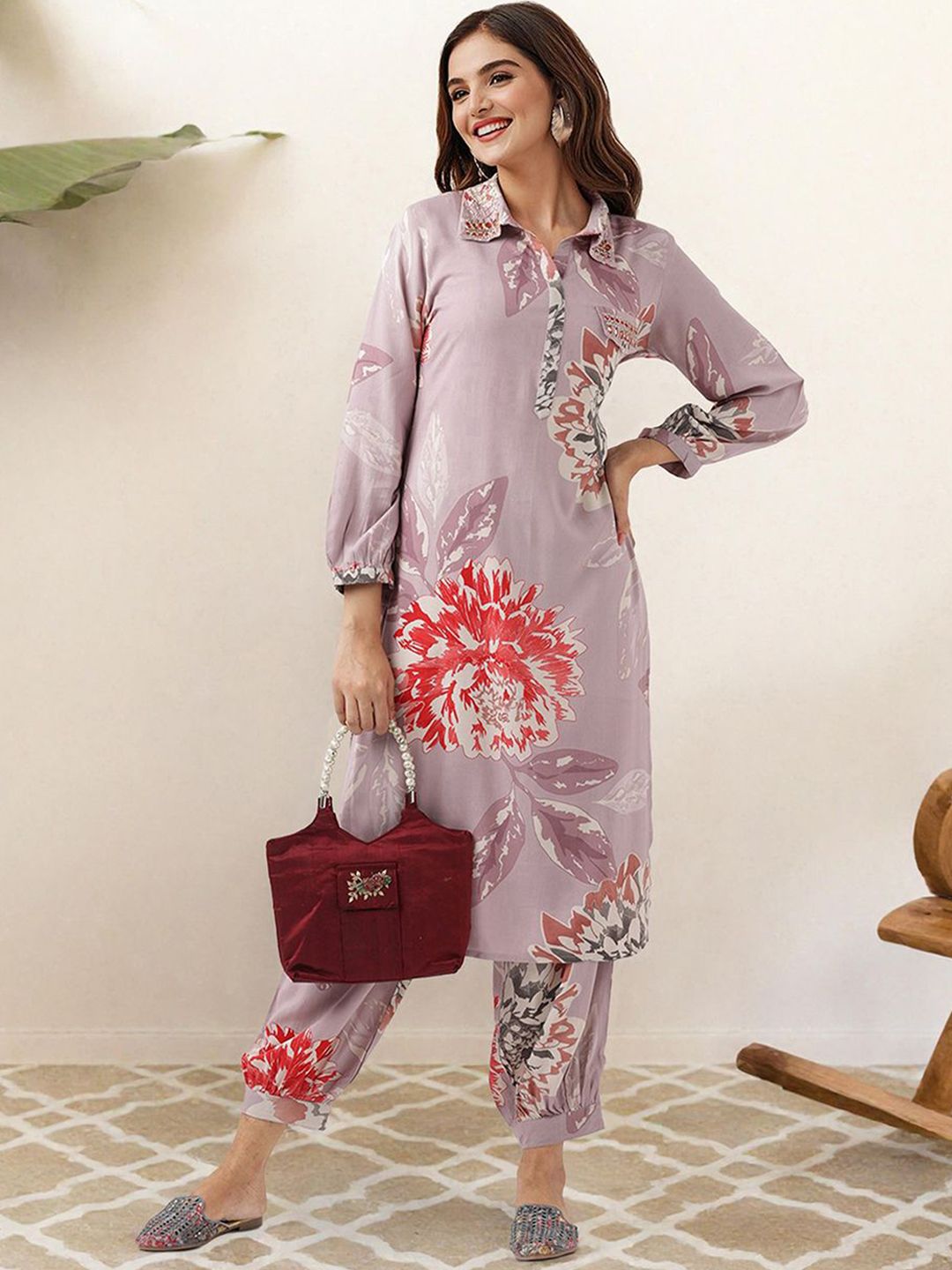 Dhiyona IS Women's Floral Printed Shirt Collar Straight Kurta With Trousers