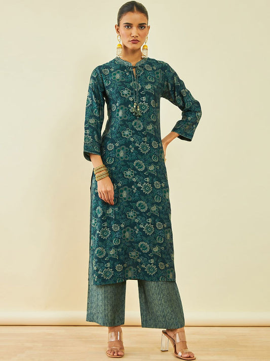 Dhiyona SO Women's Floral Printed Tie Up Neck Regular Kurta With Trousers