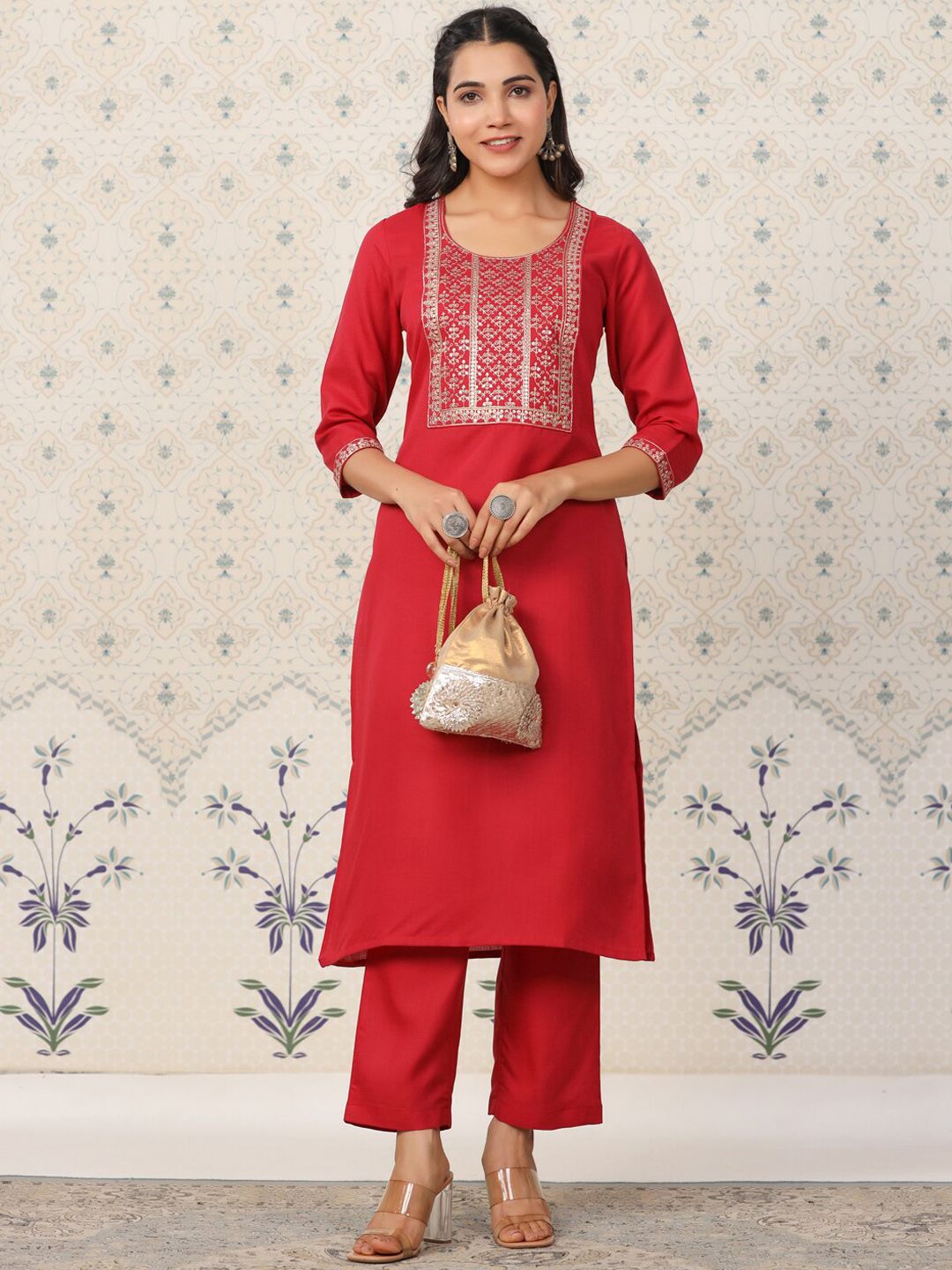 Dhiyona OD Ethnic Motifs Yoke Design Sequinned Kurta with Trousers