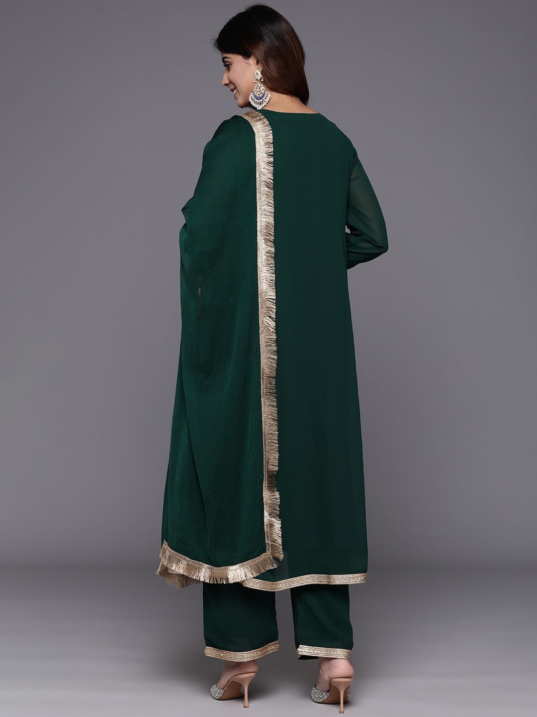 Dhiyona VA Women's Embroidered Empire Mirror Work Silk Georgette Kurta with Trousers & With Dupatta