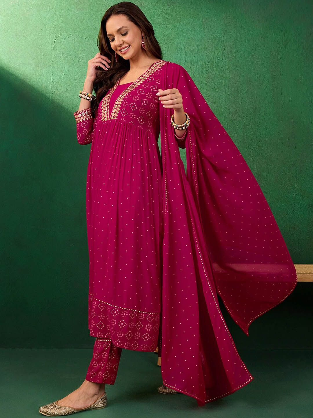 Dhiyona SN Women's Embroidered Bandhani Printed V-Neck Anarkali Kurta With Trousers & Dupatta
