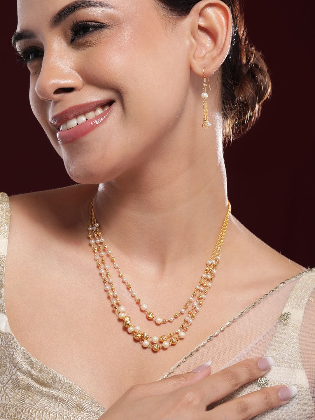 Dhiyona RJ Women's 18K Gold-Plated Multilayer Pearl Beaded Necklace Set with Matching Earrings
