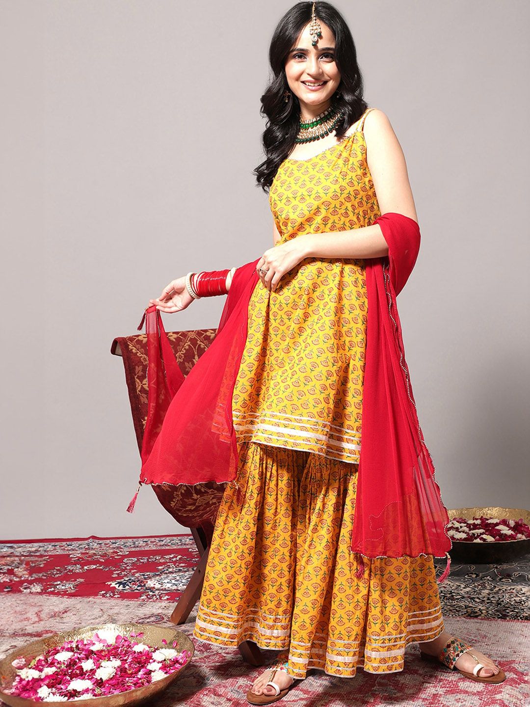Dhiyona VA Women'sEthnic Motifs Printed Gotta Patti A-Line Kurta & Sharara With Dupatta