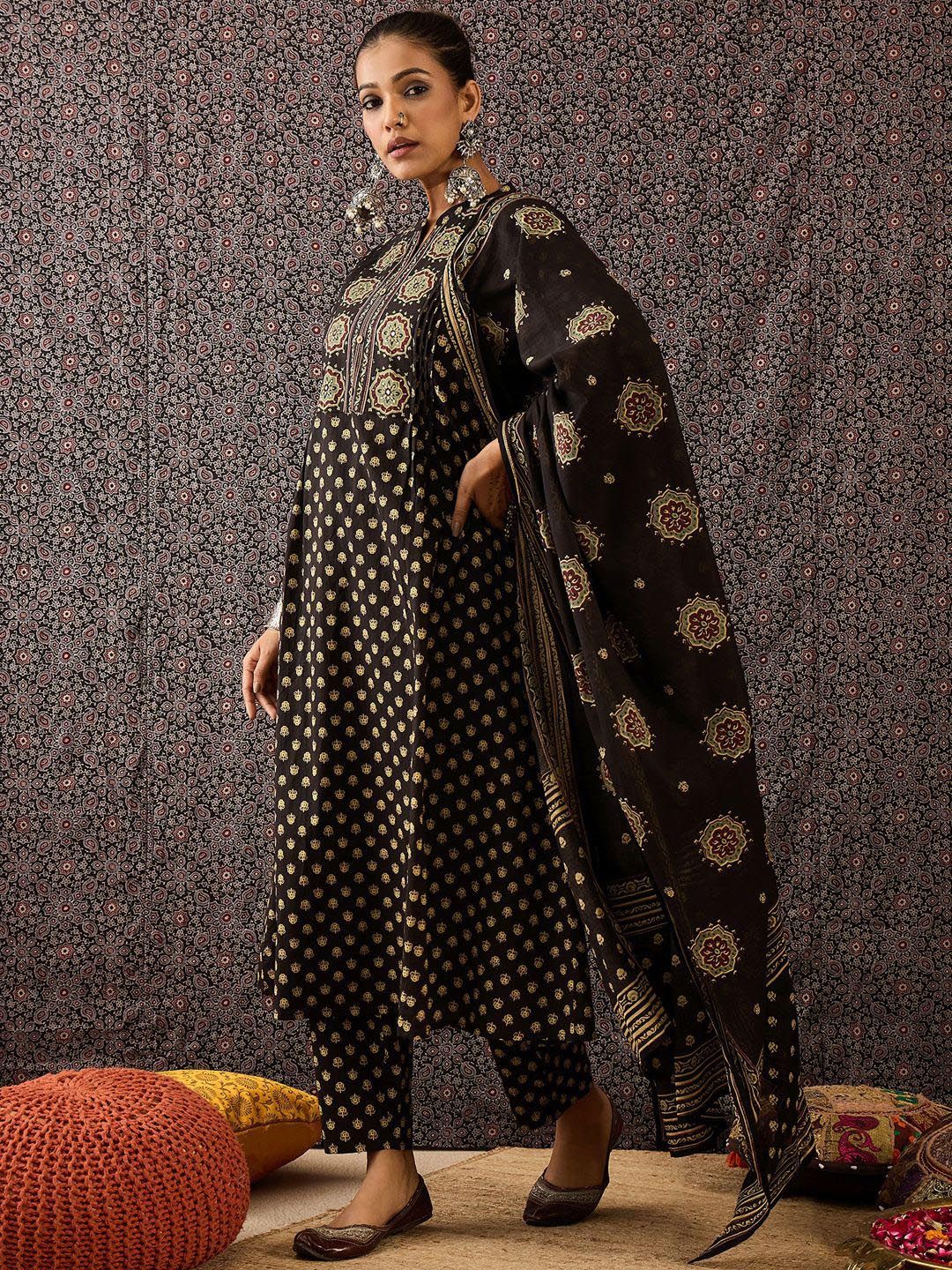 Dhiyona IE Women Ethnic Motifs Embroidered Panelled Thread Work Pure Cotton Kurta with Trousers & With Dupatta