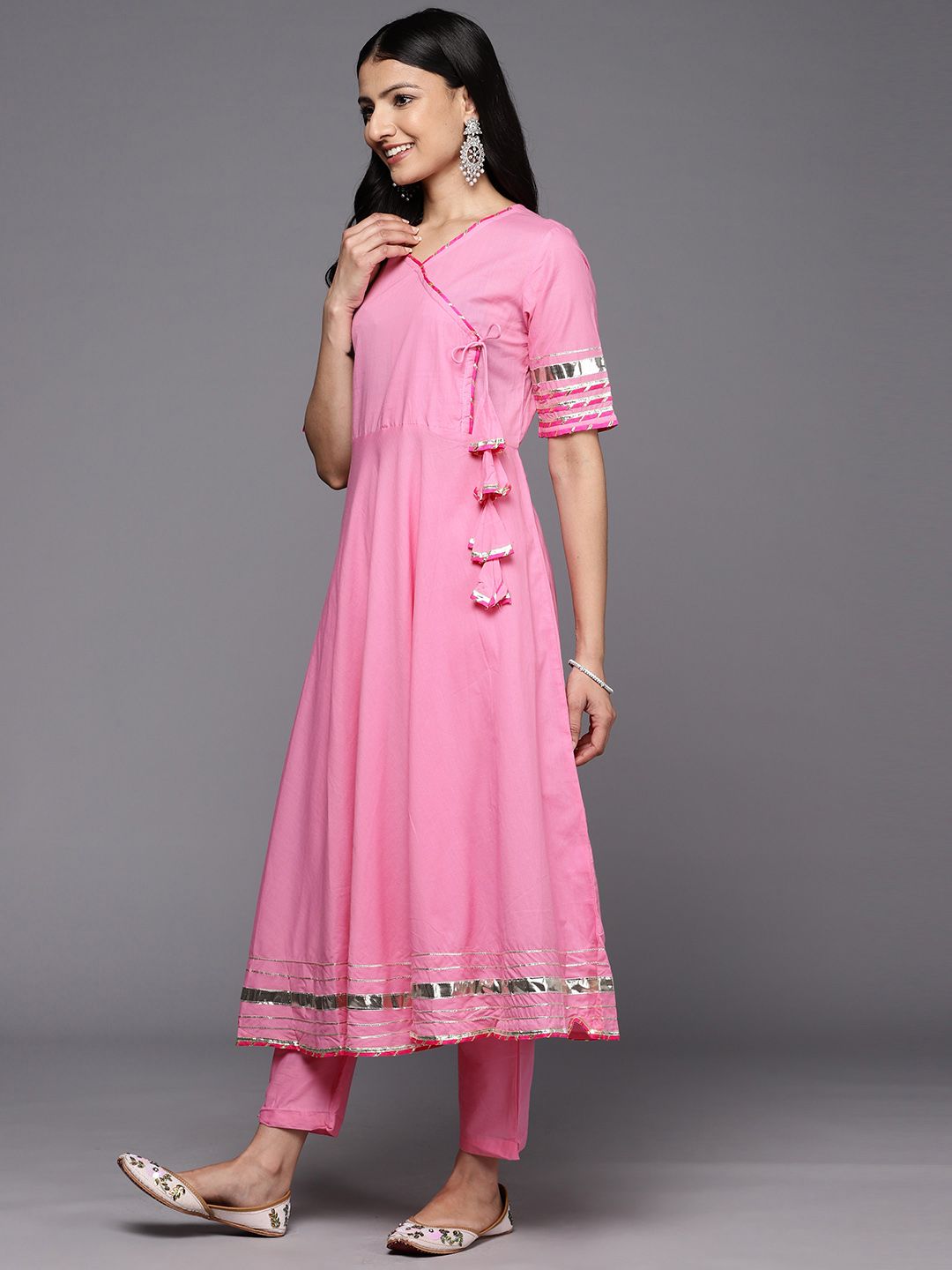 Dhiyona VA Women'sAngrakha Gotta Patti Pure Cotton Kurta With Trousers & With Dupatta