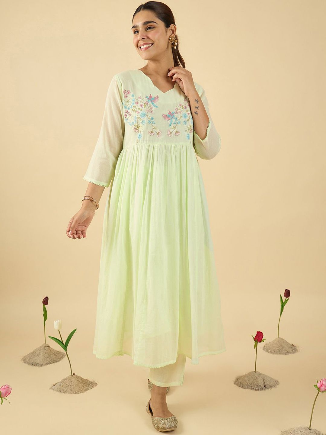 Dhiyona IE Floral Embroidered V Neck A Line Pure Cotton Kurta With Trousers & Dupatta