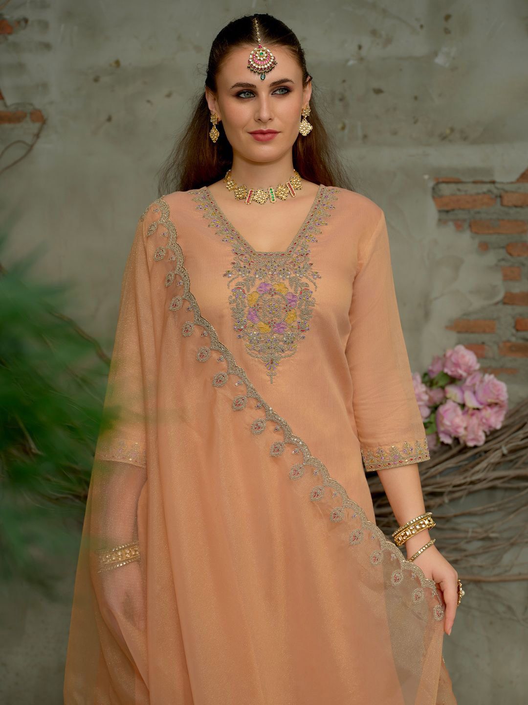 Dhiyona IE Women's Women Floral Embroidered Regular Sequinned Kurta With Trousers & Dupatta