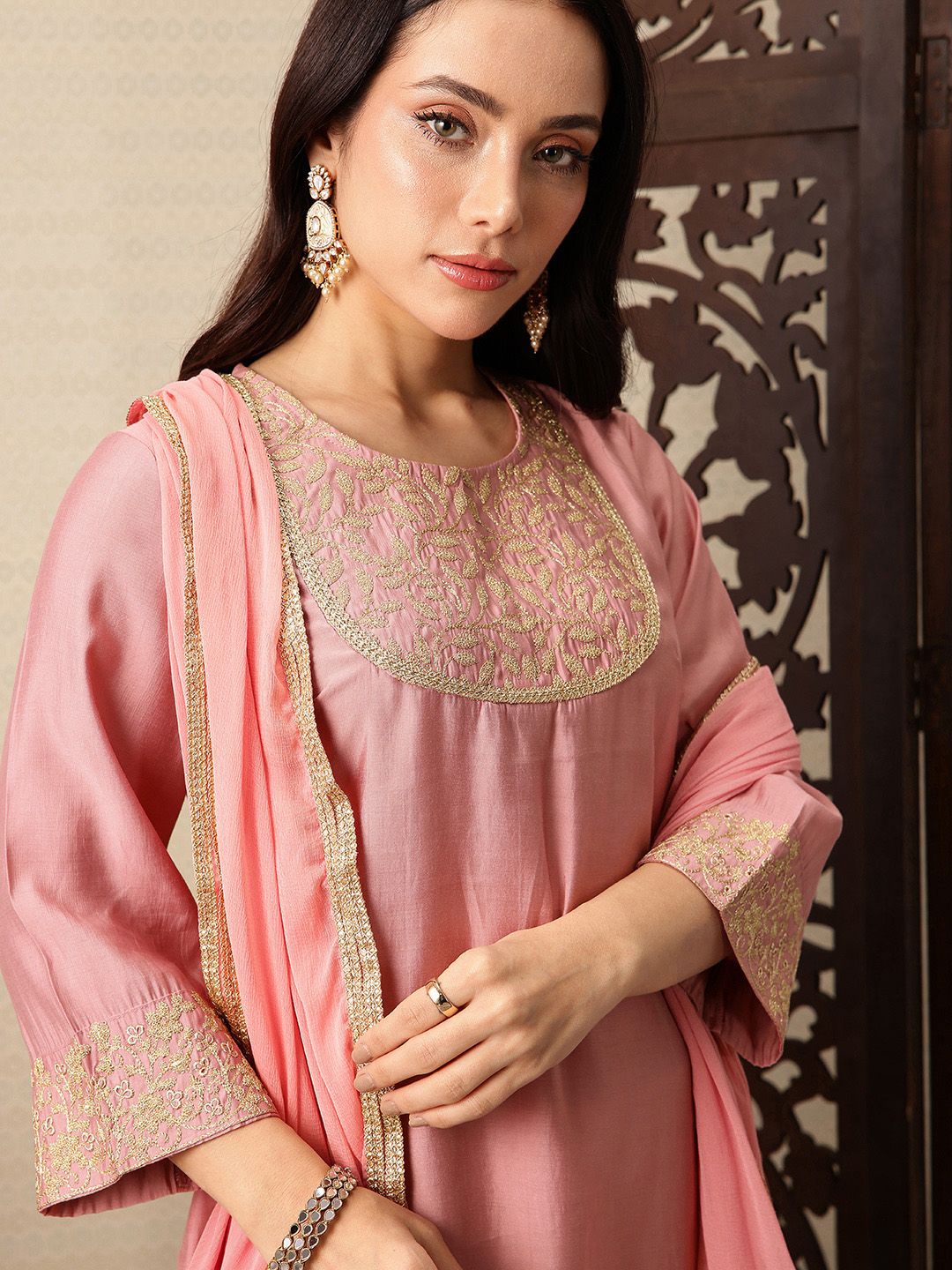 Dhiyona PD Women Floral Yoke Design Thread Work Kurta with Palazzos & Dupatta
