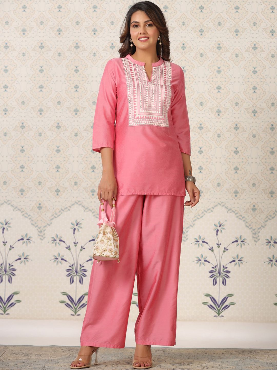 Dhiyona OD Printed Mandarin Collar Thread Work Kurta