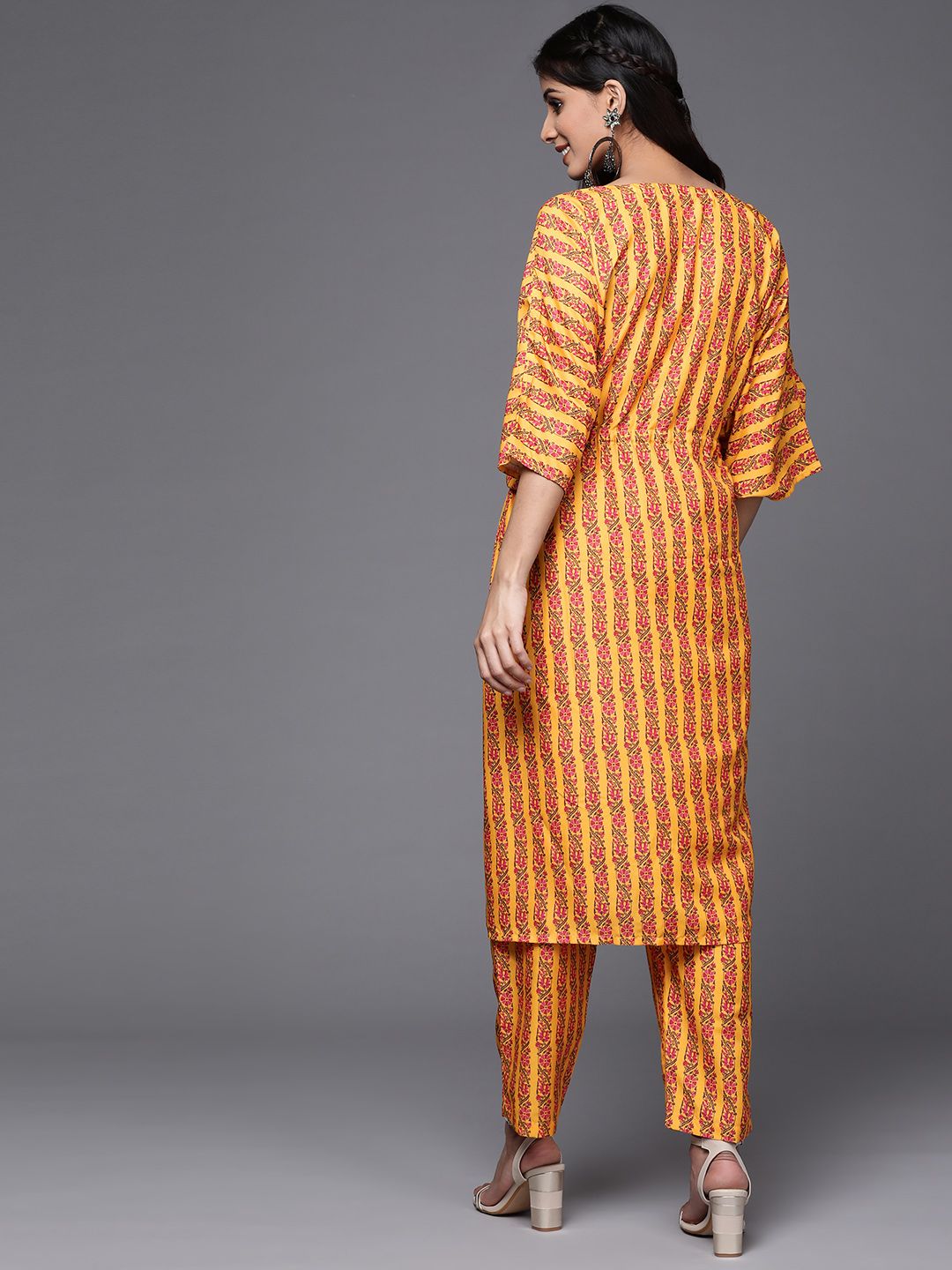 Dhiyona VA Women's Mustard Yellow & Pink Ethnic Motifs Printed Pure Cotton Kurta with Trousers