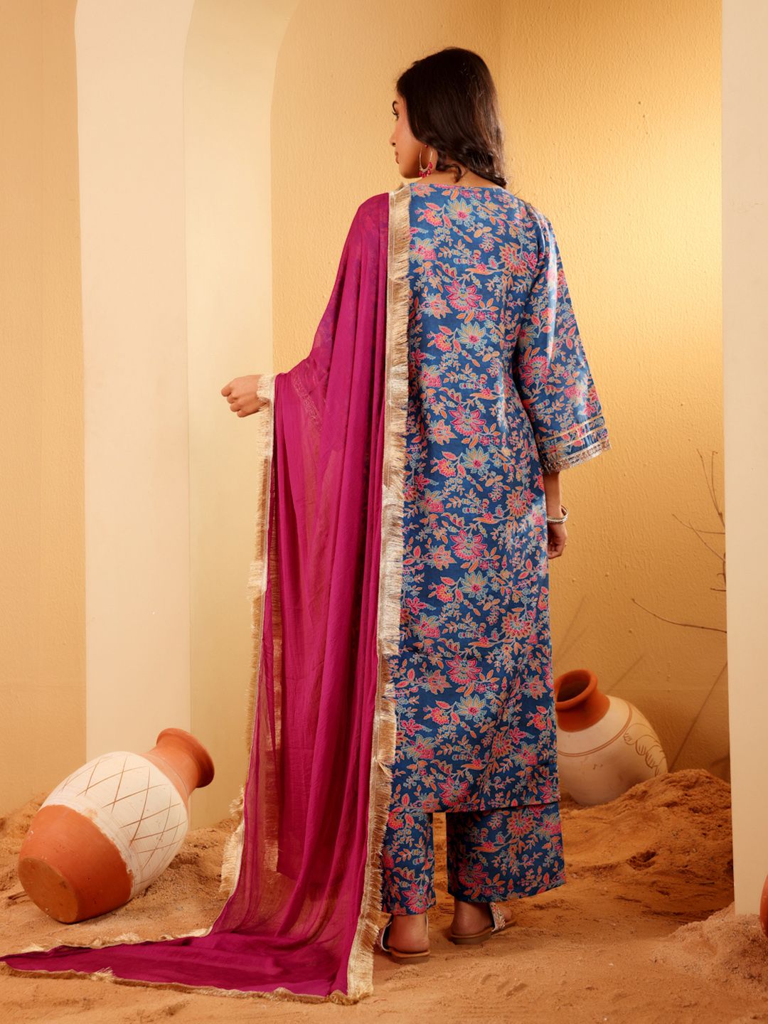 Dhiyona VA Women'sFloral Printed Zari V Neck Flared Sleeves A-Line Kurta With Palazzo And Dupatta