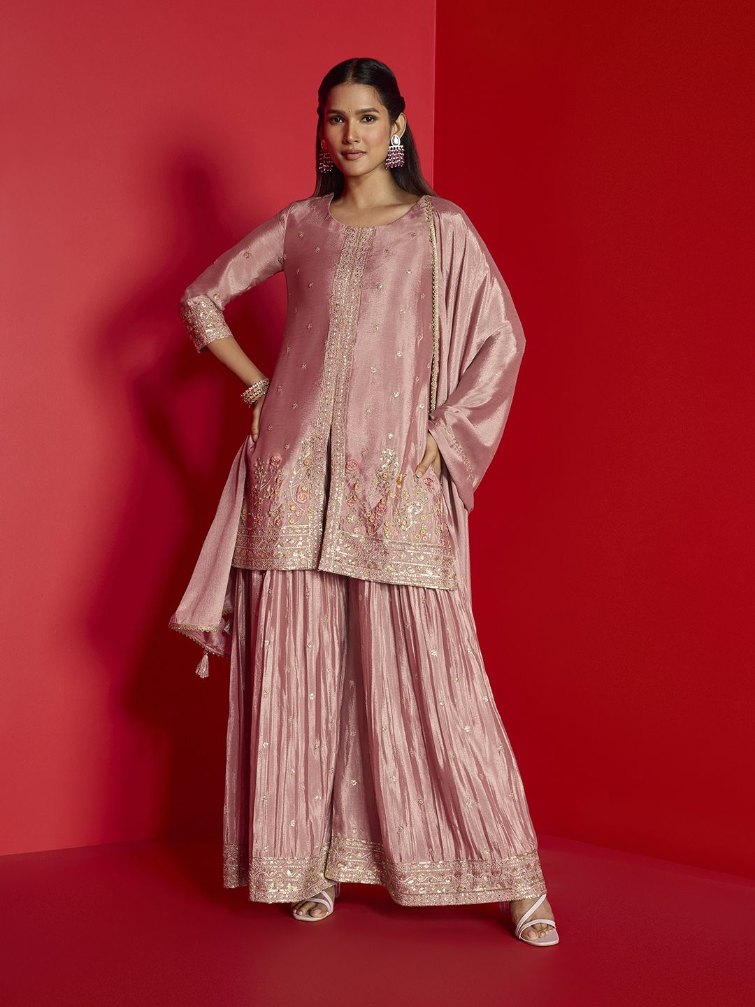 Dhiyona SO Women's Alina Cut Pink Ethnic Motifs Embroidered Regular Sequinned Kurta With Palazzos & Dupatta