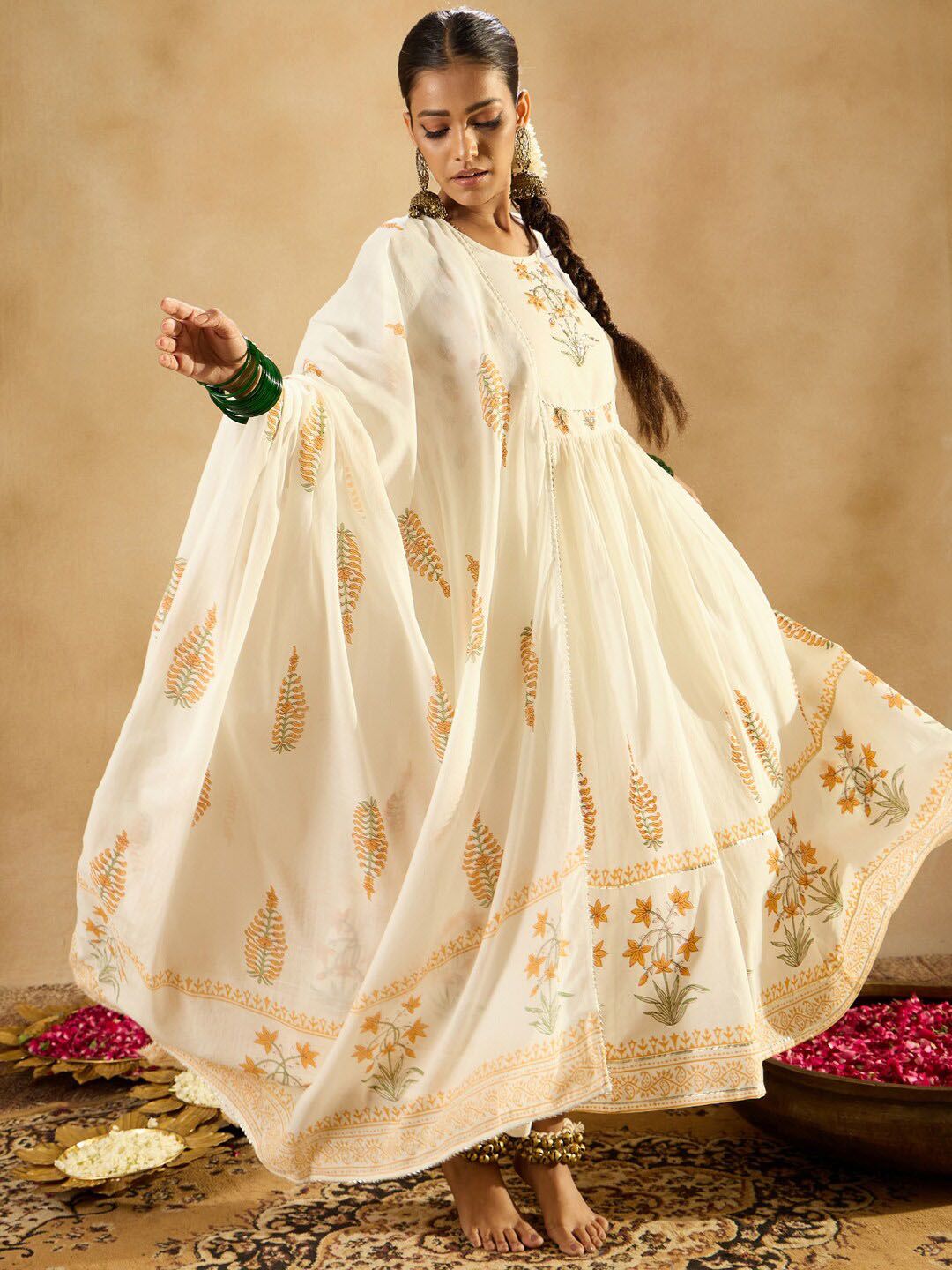 Dhiyona IE Floral Printed Empire Pure Cotton A-Line Kurta With Trousers & Dupatta