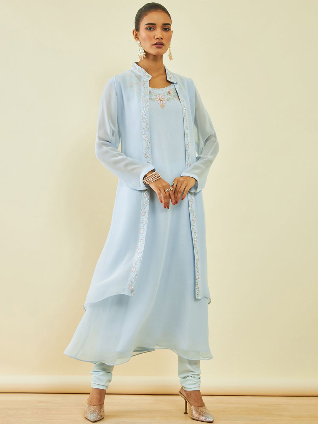 Dhiyona SO Women's Ethnic Motifs Embroidered Round Neck A-Line Kurta With Churidar & Dupatta & Jacket