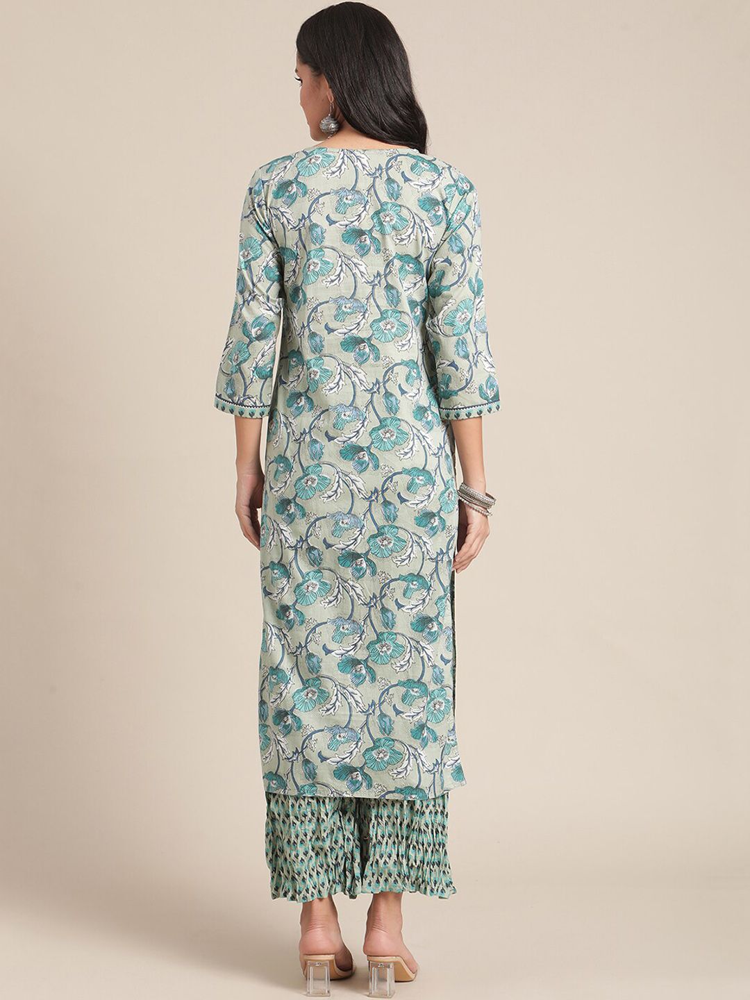 Dhiyona VA Women's Turquoise Blue Floral Printed Regular Pure Cotton Kurta with Palazzos