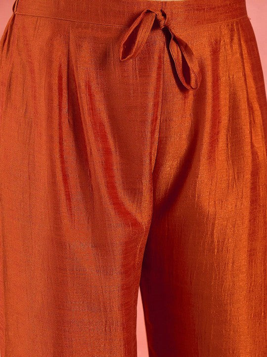 Women's Orange Floral Embroidered V-Neck A-Line Kurta With Trousers And Dupatta