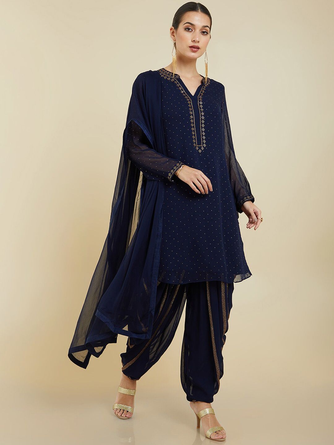 Dhiyona SO Women's Women Ethnic Motifs Silk Georgette Kurta with Dhoti Pants & With Dupatta