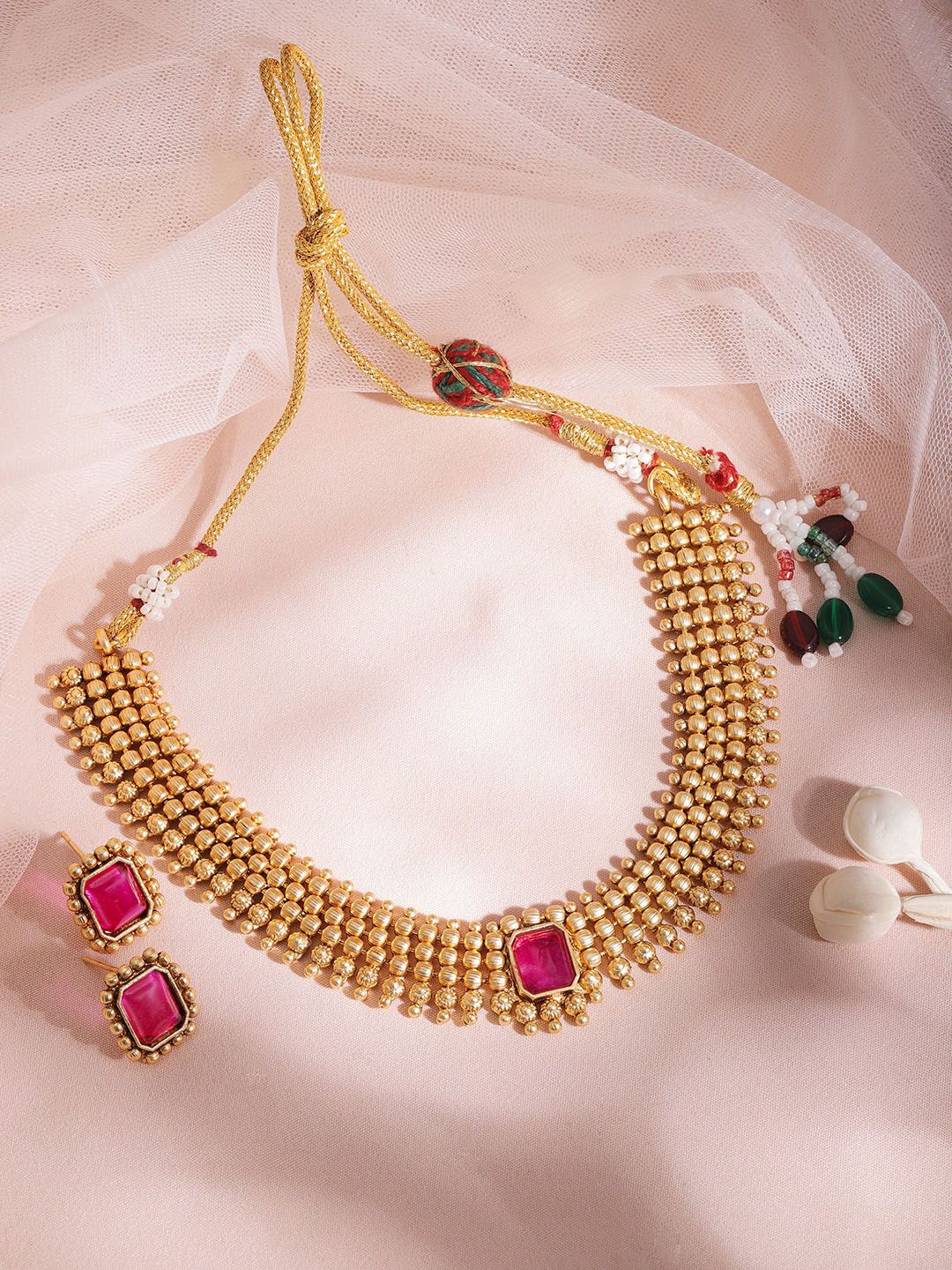 Dhiyona RJ Women's 22K Gold-Plated Ruby Stone Studded Choker Necklace Set with Gold Beads