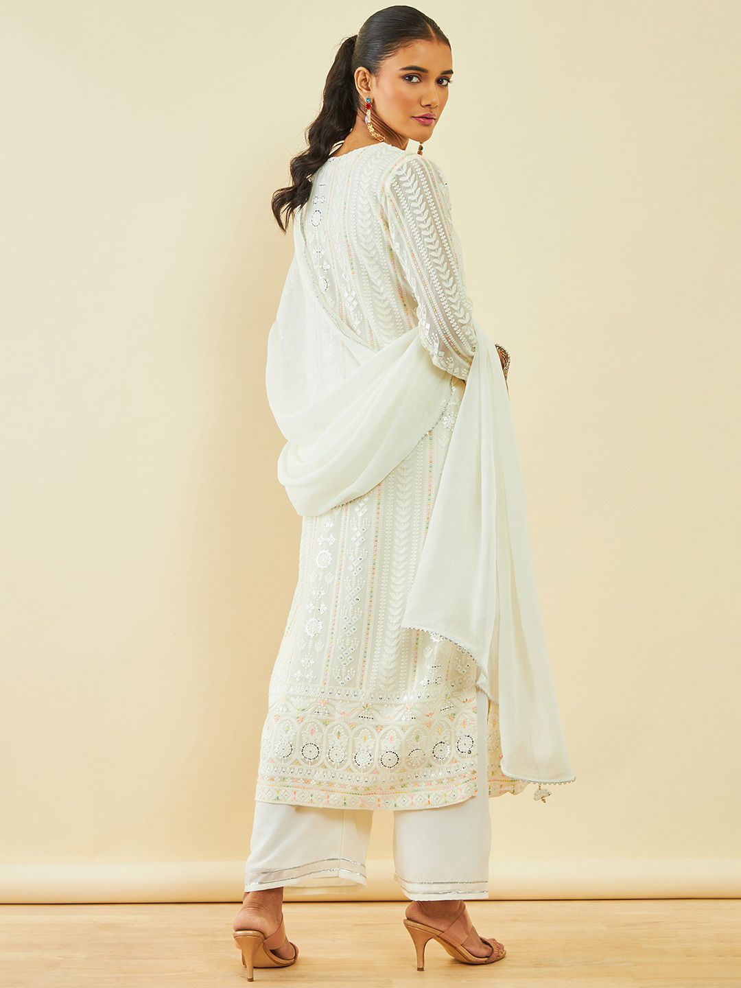 Dhiyona SO Women's Off White Floral Embroidered Georgette Sequinned Kurta with Palazzos & With Dupatta