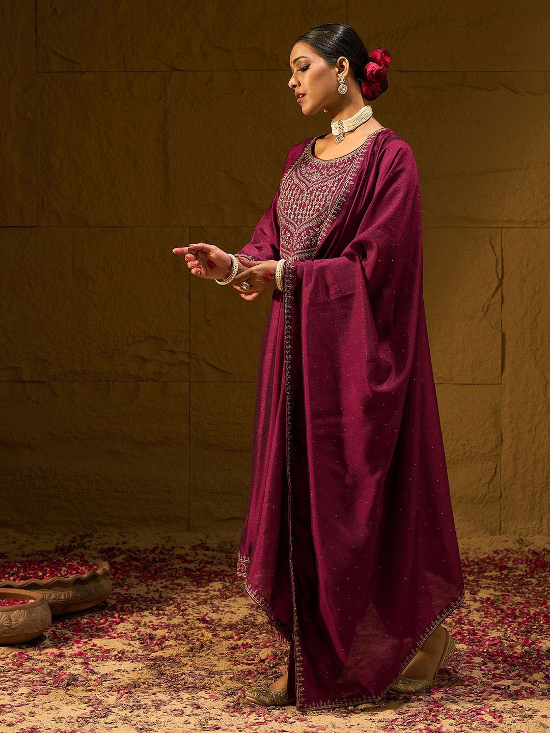 Dhiyona IE Ethnic Motifs Embroidered Sequinned Straight Kurta with Trousers & With Dupatta