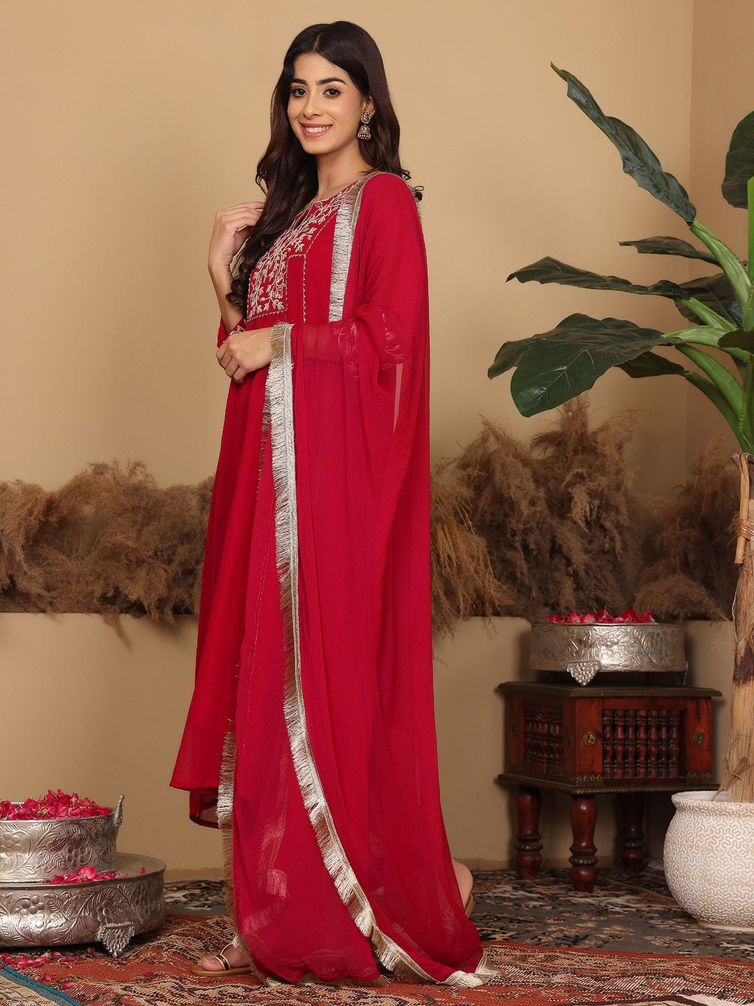 Dhiyona VA Women'sMagenta Floral Embroidered Panelled Silk Georgette Kurta With Trouser With Dupatta