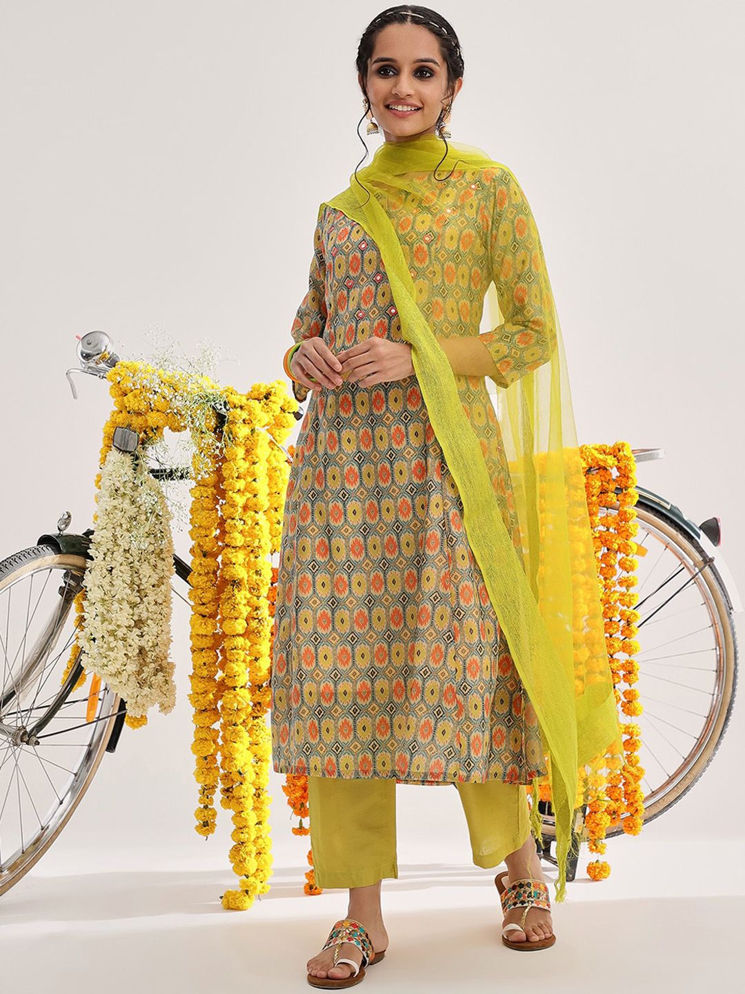 Dhiyona VA Women'sLime Green Ethnic Motifs Printed Mirror Work A-Line Kurta & Trousers With Dupatta