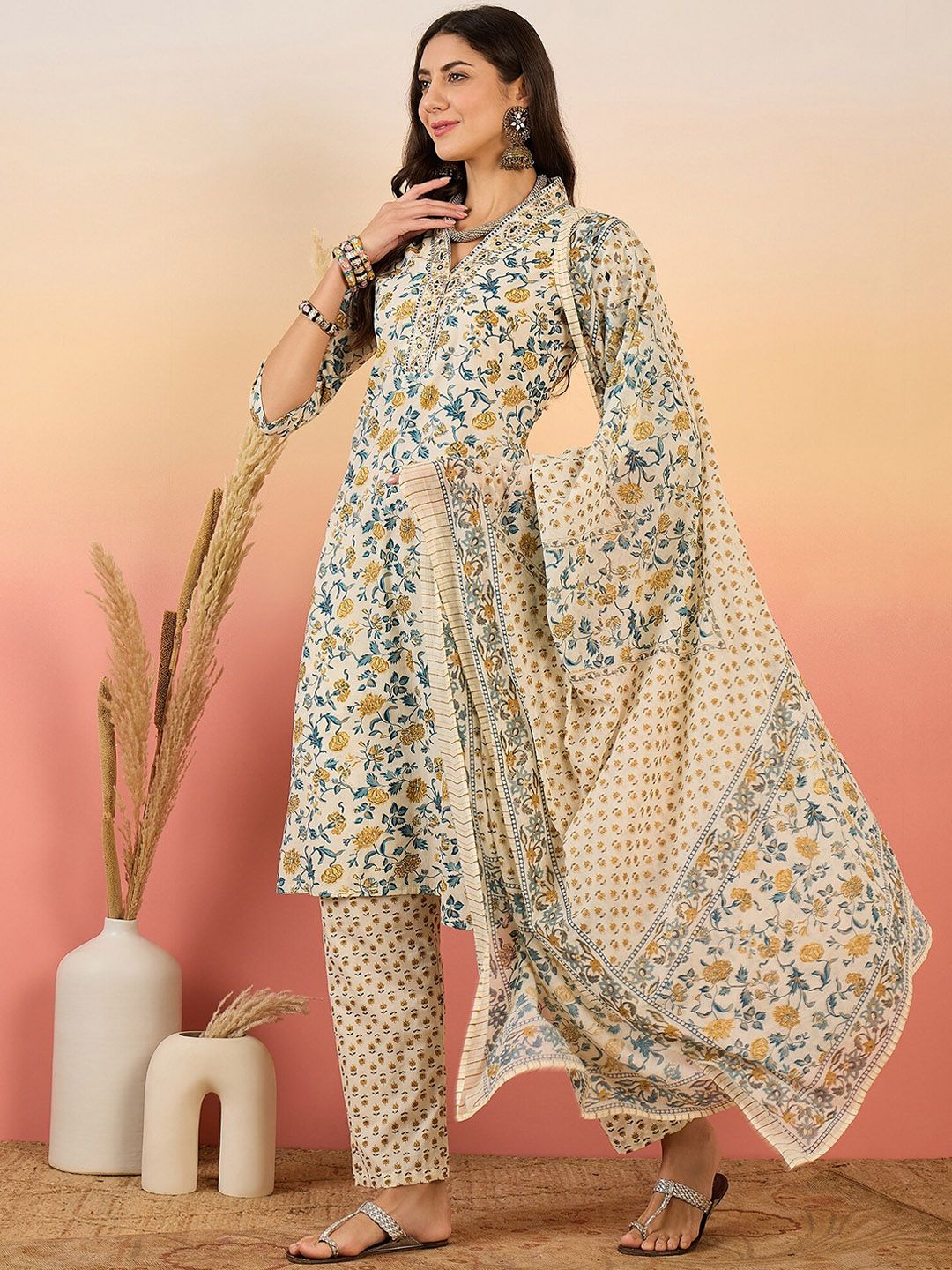 Dhiyona SN Women's Floral Printed Pure Cotton V Neck Kurta With Trousers & Dupatta