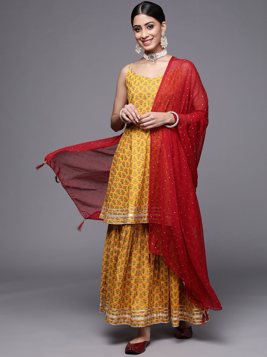Dhiyona VA Women's Mustard Yellow Ethnic Motifs Printed Pure Cotton Kurta with Sharara & With Dupatta