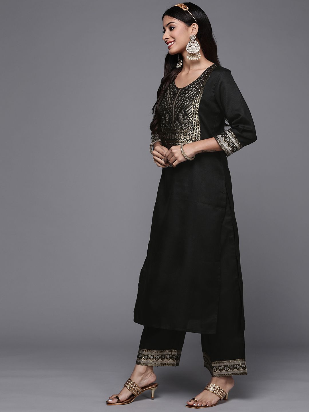 Dhiyona IE Women Black Ethnic Motifs Yoke Design Kurta with Palazzos