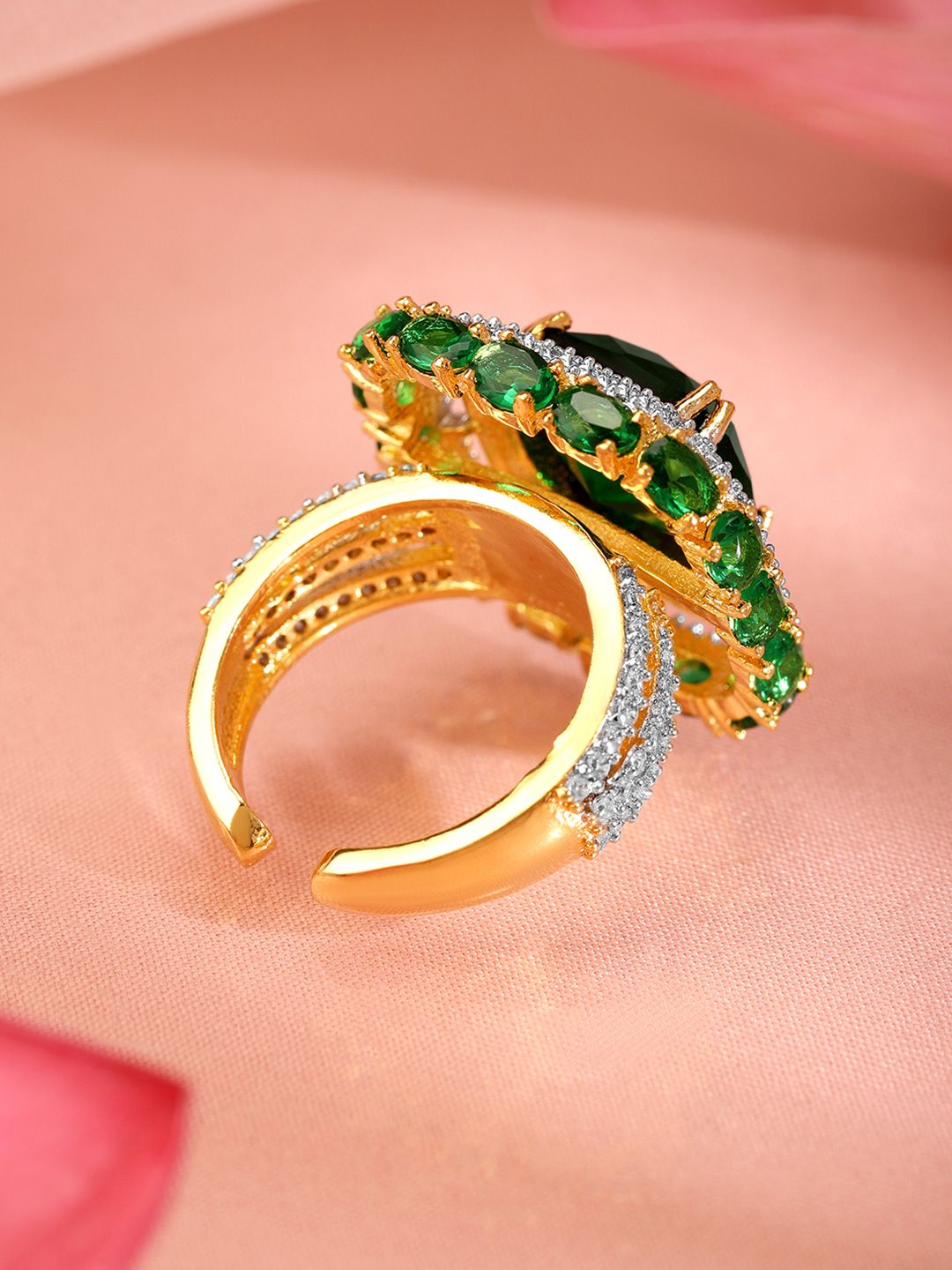 Dhiyona RJ Women's 22K Gold-Plated Emerald Green & Cubic Zirconia Studded Adjustable Finger Ring