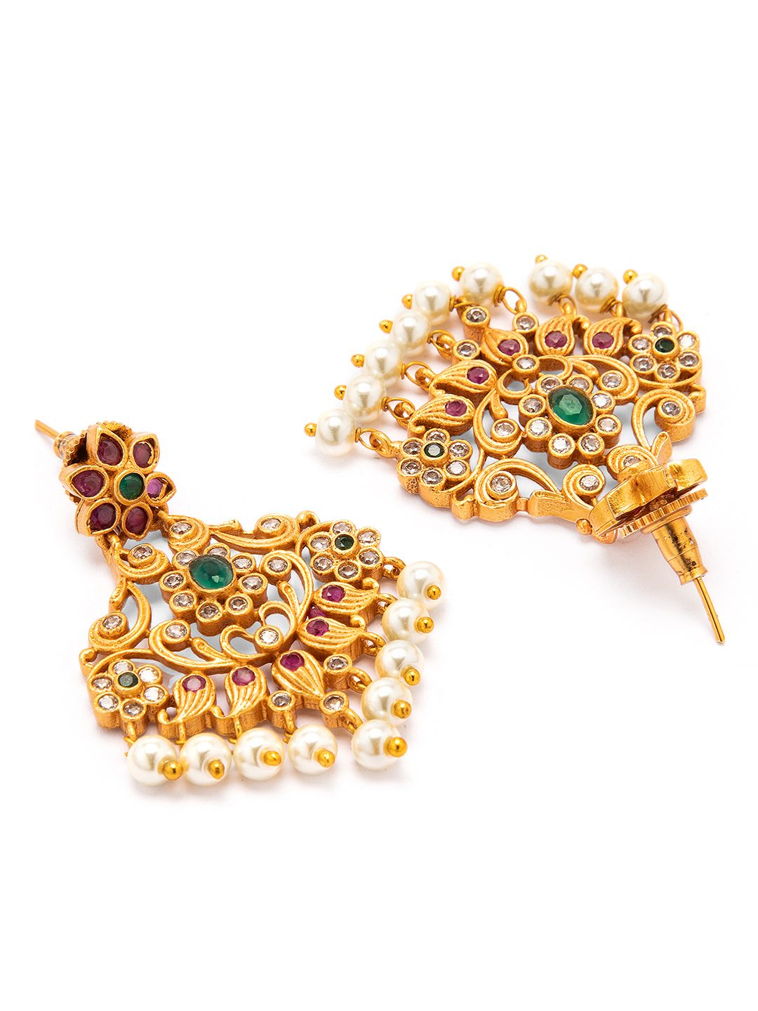 Dhiyona RJ Women's 22K Gold Plated Ruby & Emerald Studded Flower Design Drop Earrings with Pearl Drops