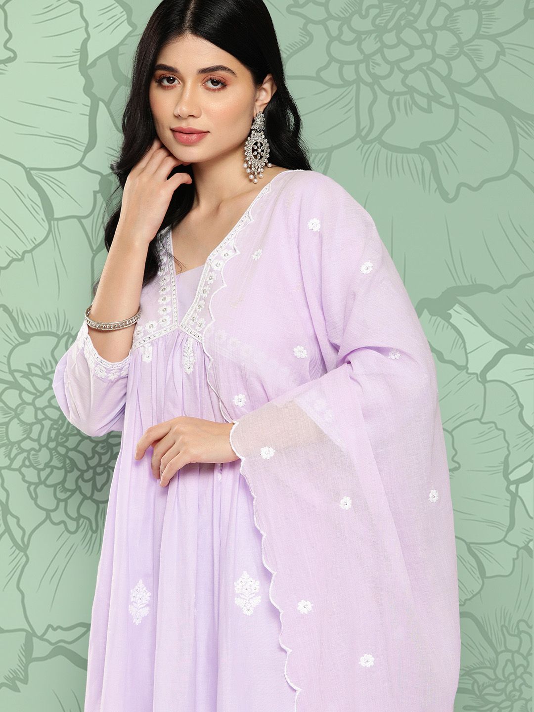 Dhiyona VA Women's Floral Embroidered Pleated Thread Work Cotton Kurta with Trousers & Dupatta