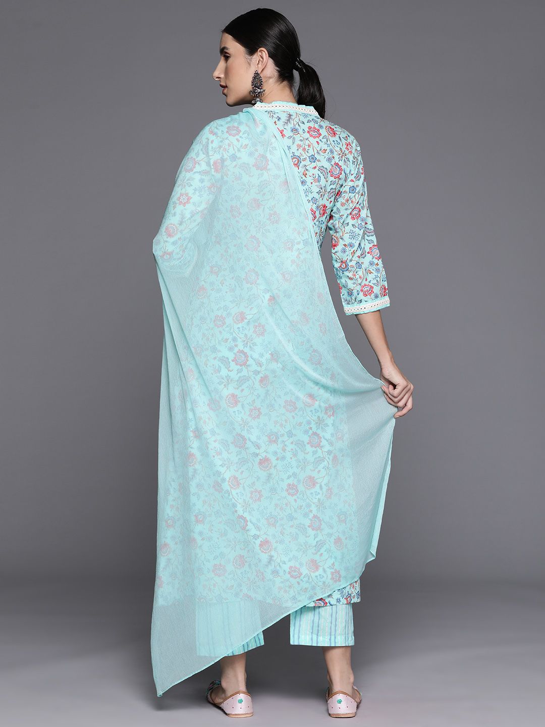 Dhiyona VA Women's Floral Printed Empire Mirror Work Cotton Kurta with Trousers & With Dupatta