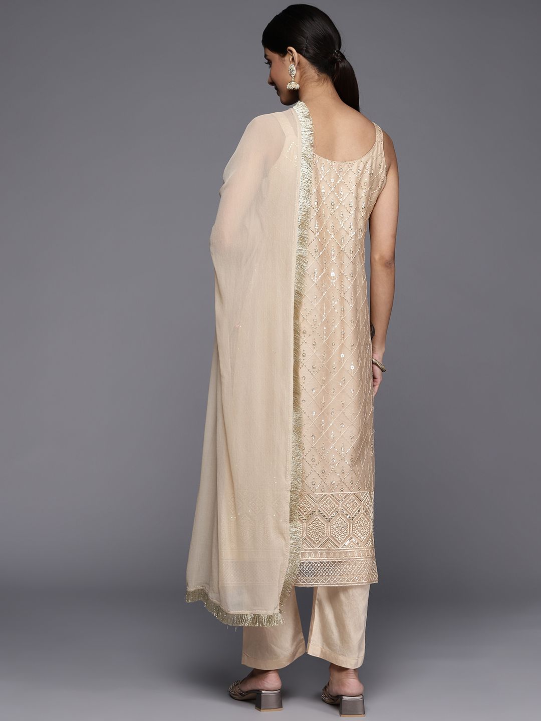 Dhiyona VA Women's Beige Sequinned Kurta with Trousers & With Dupatta