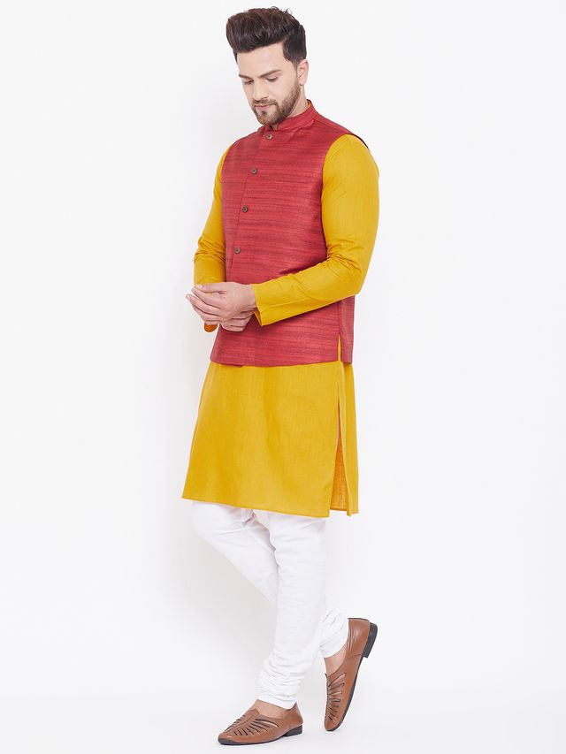 Men's Mustard Cotton Blend Straight Jacket Kurta and Pyjama Set