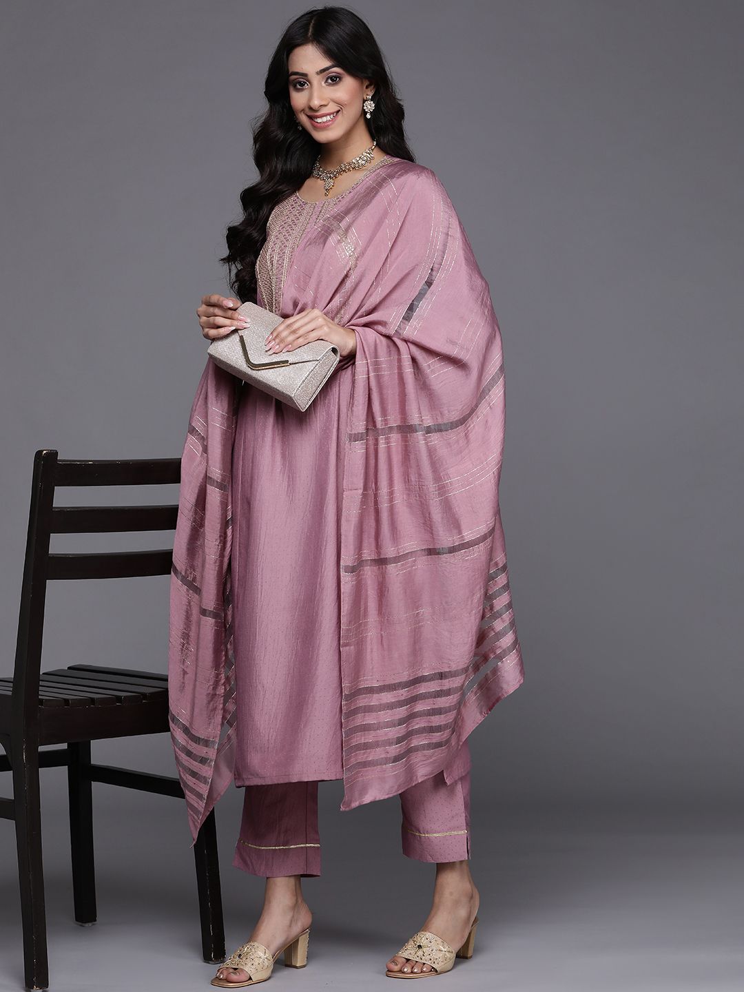 Dhiyona VA Women's Mauve Ethnic Motifs Embroidered Kurta with Trousers & Dupatta