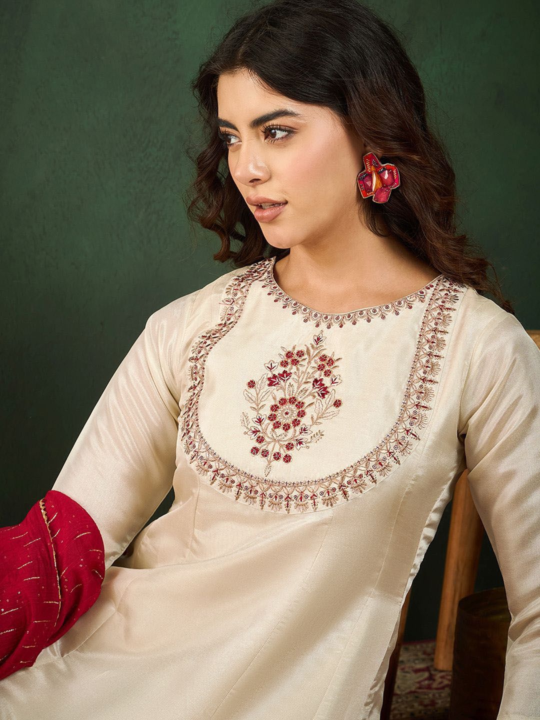 Dhiyona SN Women's Round Neck Embroidered A-Line Kurta Sets