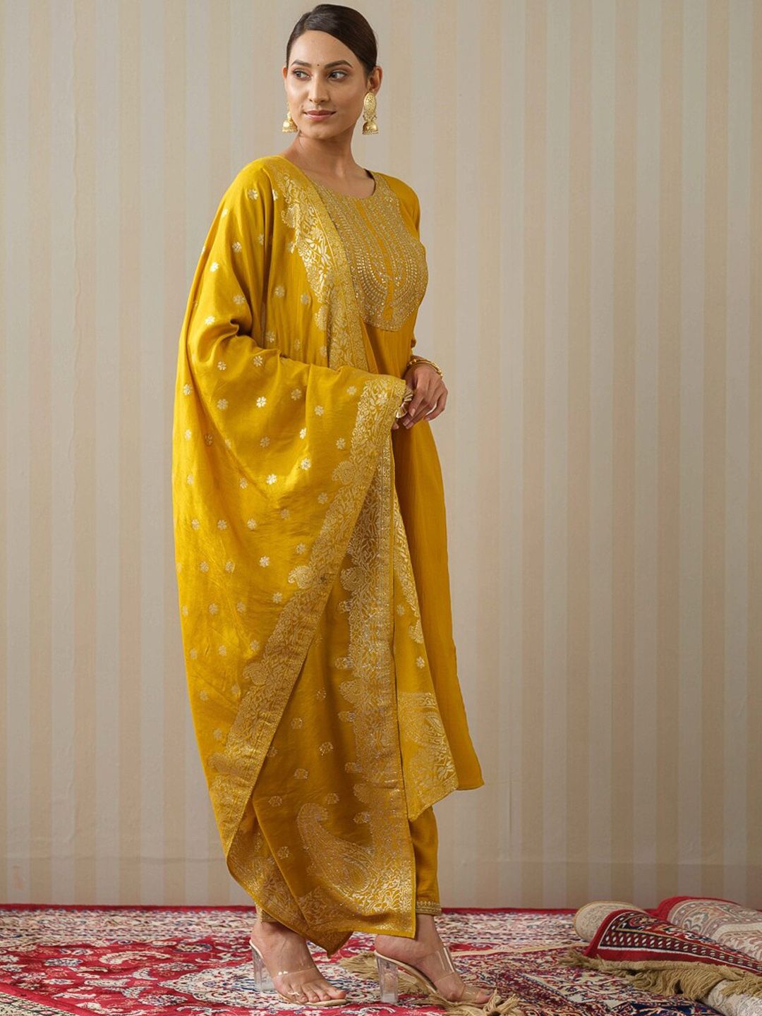 Dhiyona OD Yellow Ethnic Motifs Straight Kurta & Trousers With Dupatta