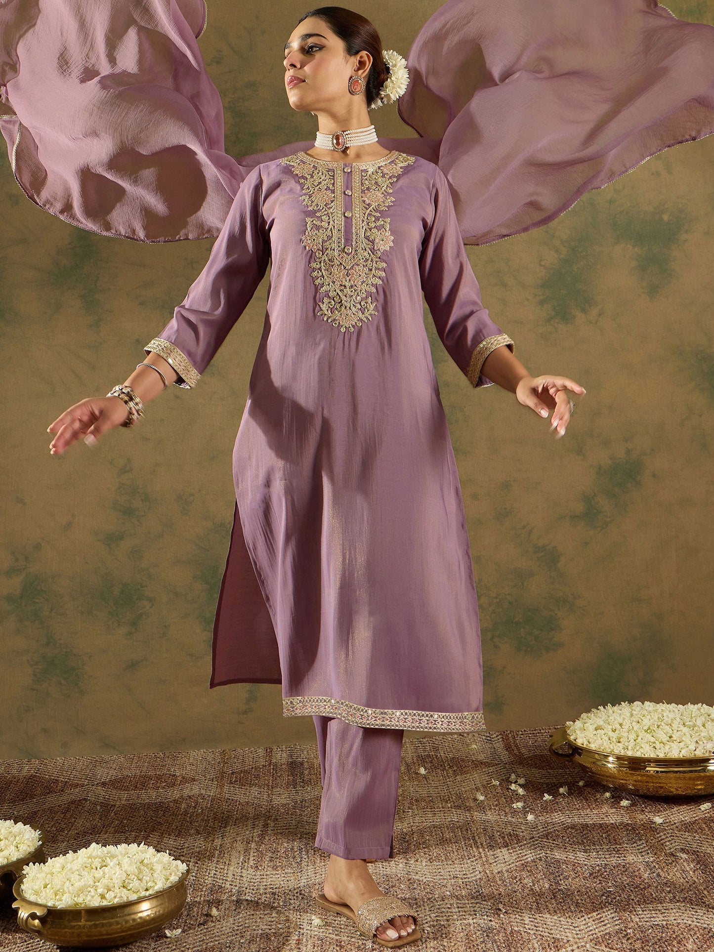 Floral Embroidered Embellished Straight Kurta with Trouser And Dupatta