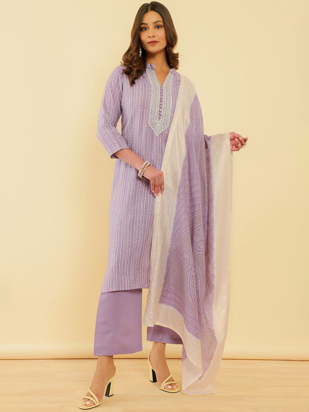 Dhiyona SO Women's Women Ethnic Motifs Printed Regular Thread Work Kurta with Trousers & With Dupatta
