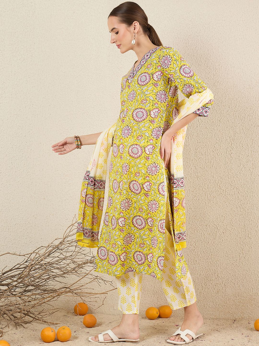 Dhiyona IE Floral Printed Pure Cotton V-Neck A-Line Kurta With Trousers And Dupatta