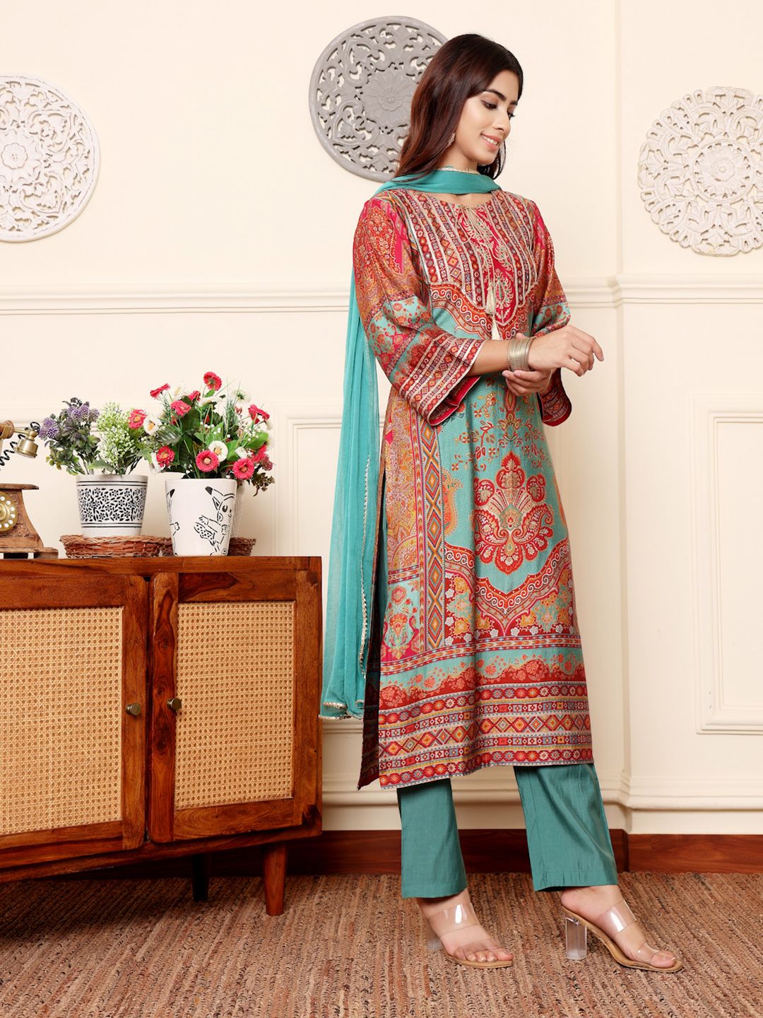 Dhiyona VA Women'sEthnic Motifs Printed Chanderi Silk Kurta With Trousers And Dupatta