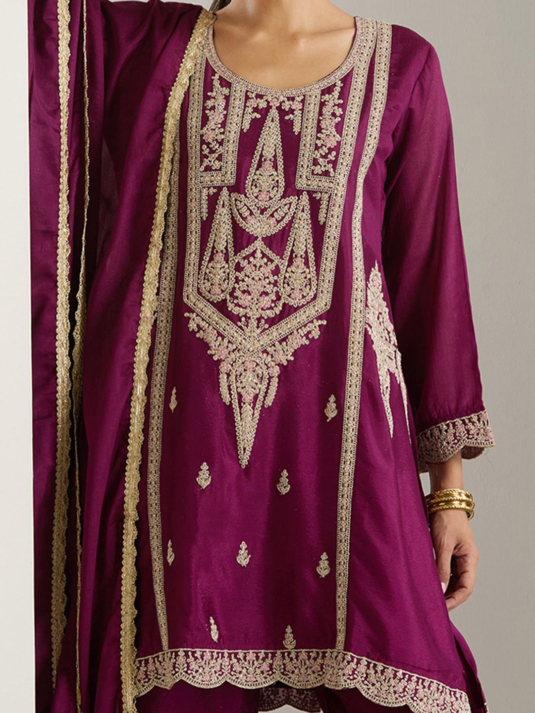 Dhiyona IS Women's Ethnic Motifs Embroidered Regular Thread Work Straight Kurta with Sharara & Dupatta