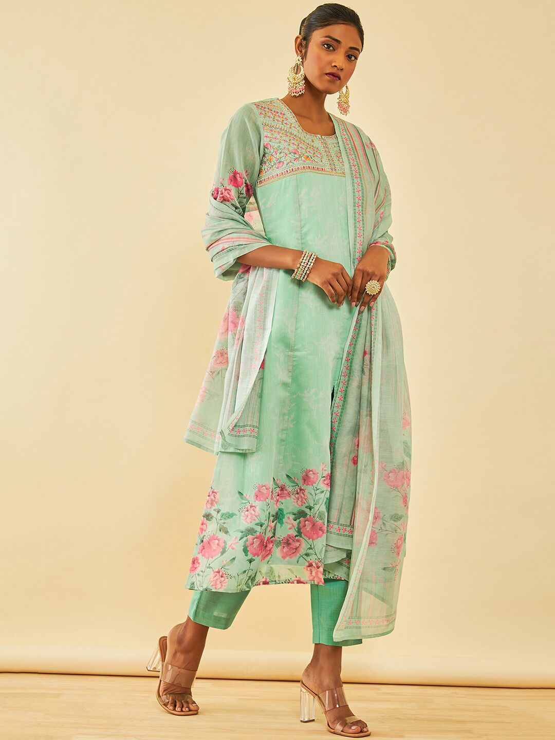 Dhiyona SO Women's Floral Printed Regular Thread Work Chanderi Silk Kurta with Trousers & Dupatta