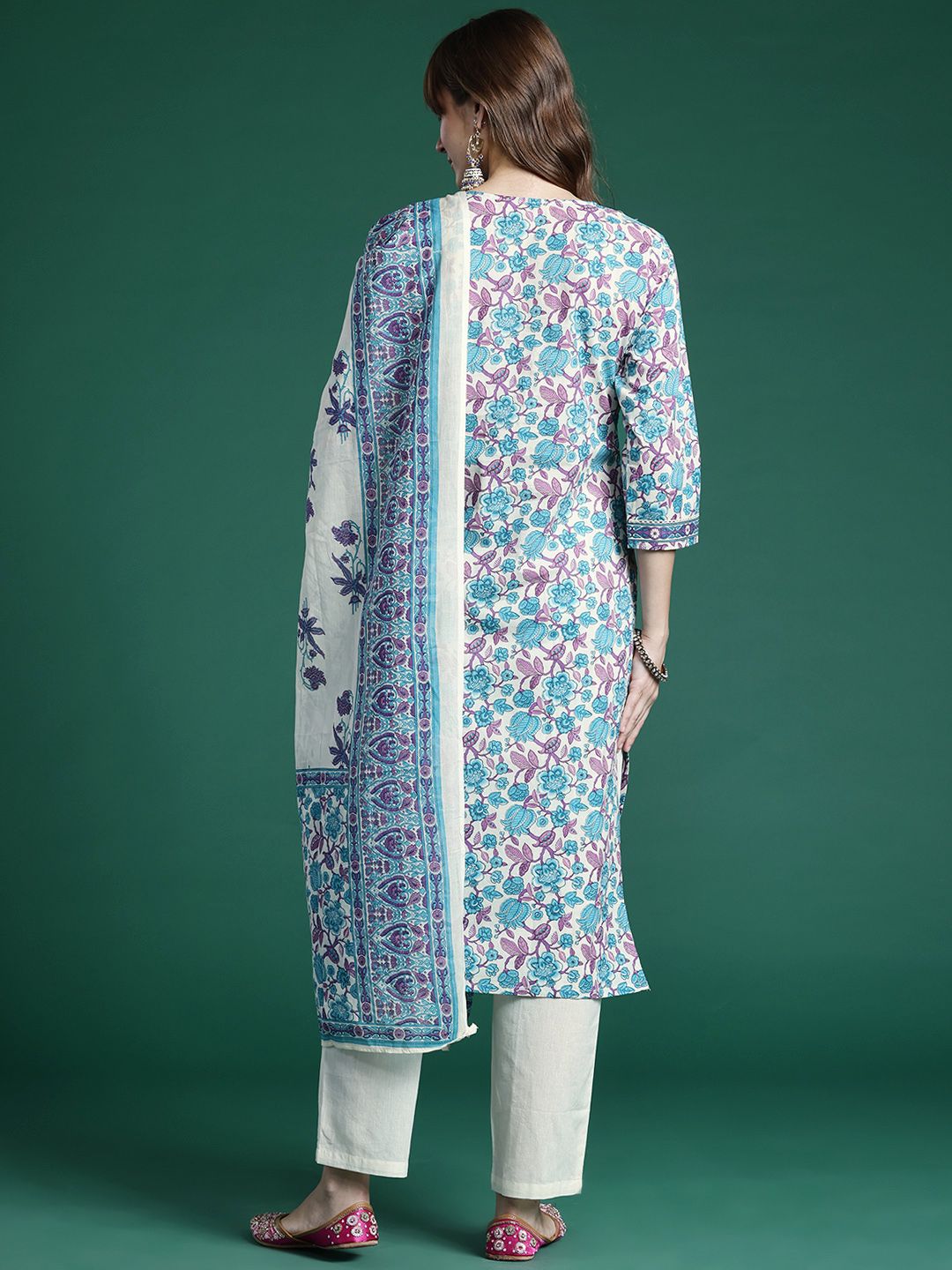 Dhiyona IE Floral Printed Regular Pure Cotton Kurta with Trousers & Dupatta