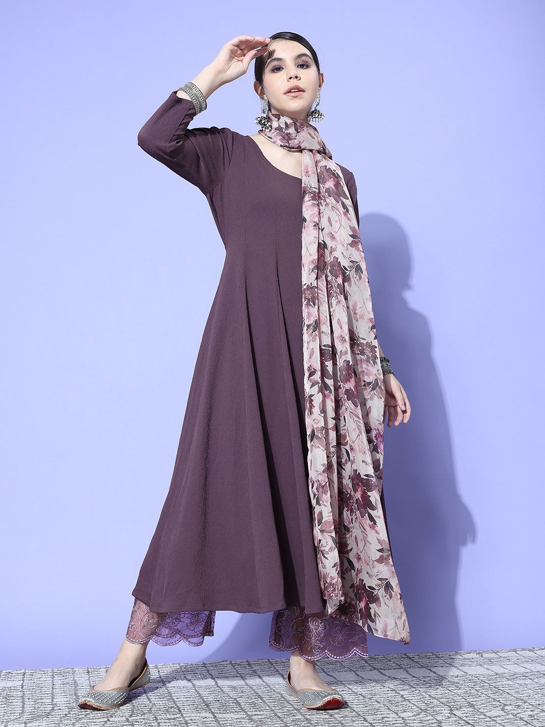 Dhiyona VA Women's Panelled Silk Crepe Kurta with Trousers & With Dupatta