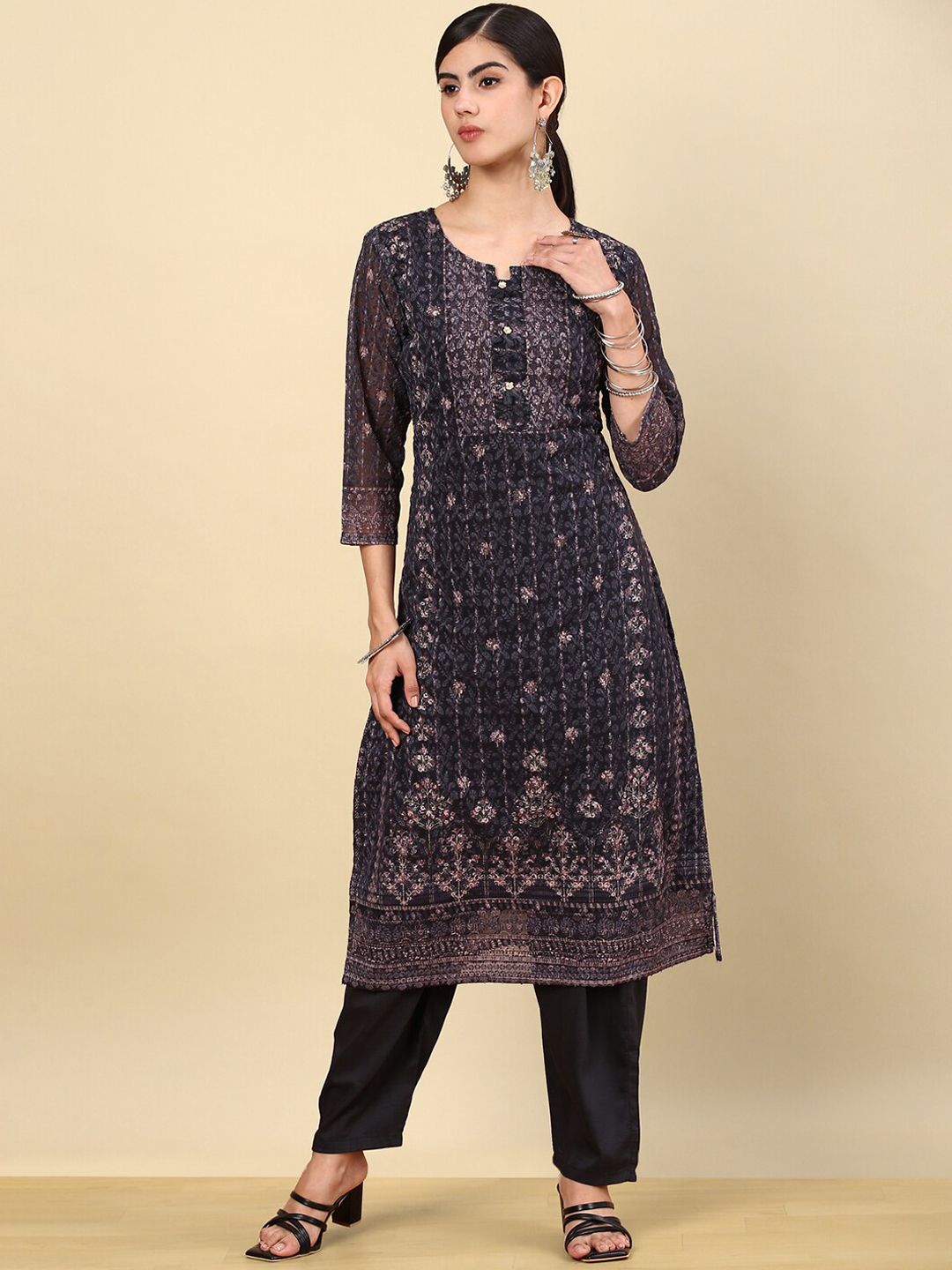 Dhiyona SO Women's Black Ethnic Motifs Printed Thread Work Kurta with Trousers