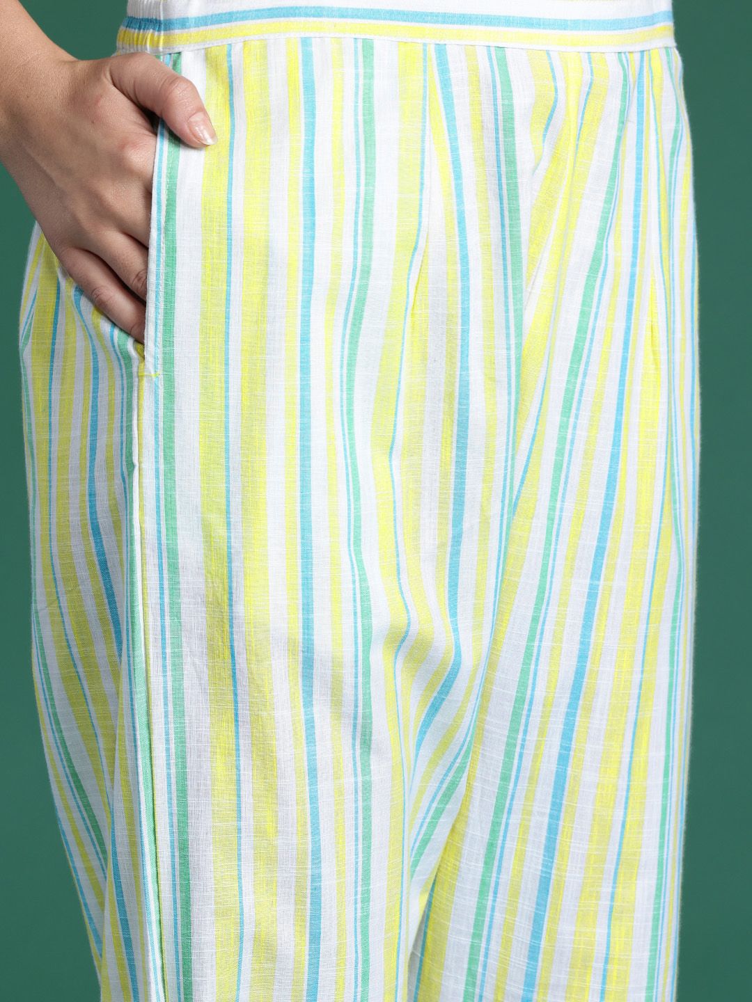 Dhiyona IE Women Striped Regular Thread Work Pure Cotton Kurta with Trousers